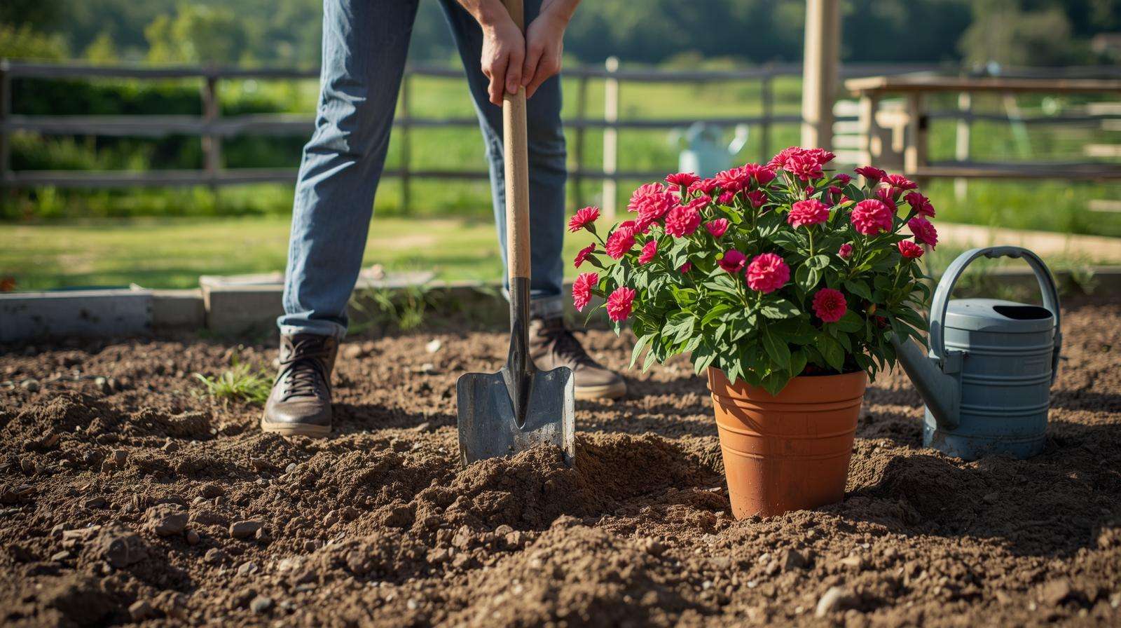 A gardener plants a Miss Molly butterfly bush variety in a sunny farm garden bed, using proper techniques for optimal growth