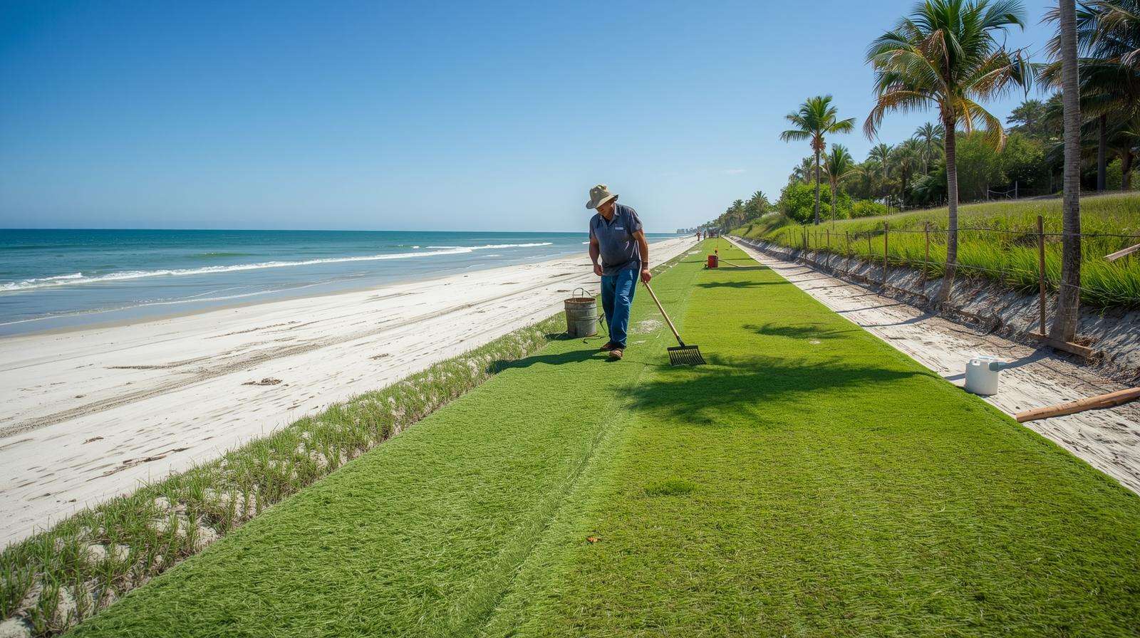 A farmer plants Seashore Paspalum sod, a Florida grass variety, along a coastal farm shoreline with ocean and palm trees in view.