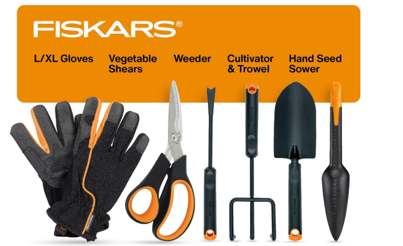 Fiskars Vegetable Garden Tool Set with Vegetable Shears, Seed Sower, Trowel, Cultivator, Weeder, and L/XL Garden Gloves for Indoor or Outdoor Gardening (6 Piece Kit)