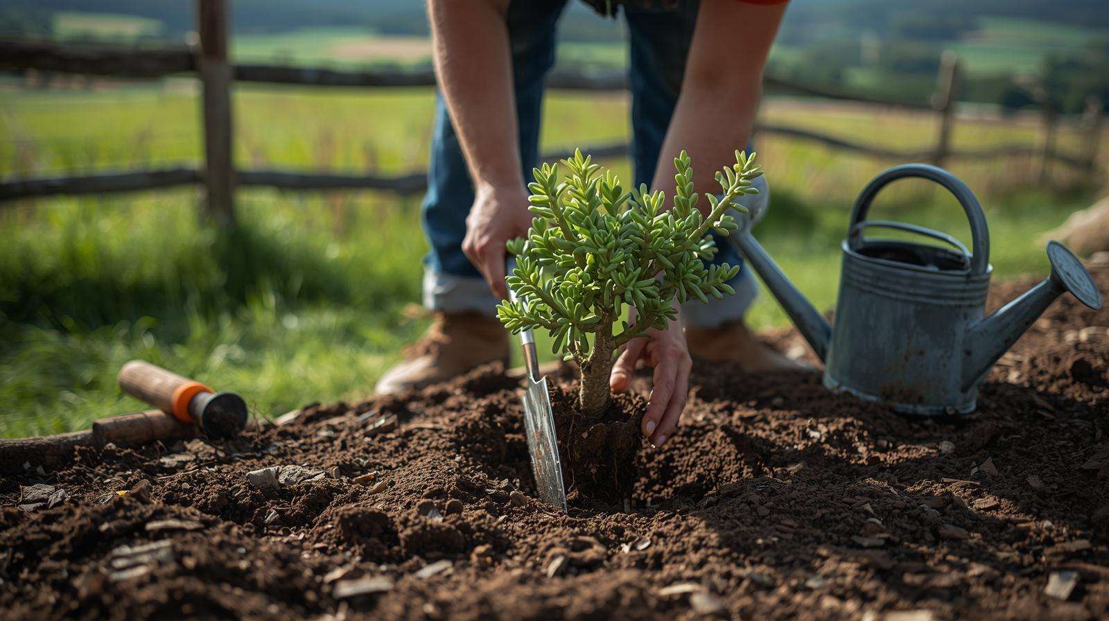 A gardener plants a ‘Minima’ jade tree variety in a sunny farm garden bed, using cactus soil and a trowel for success.