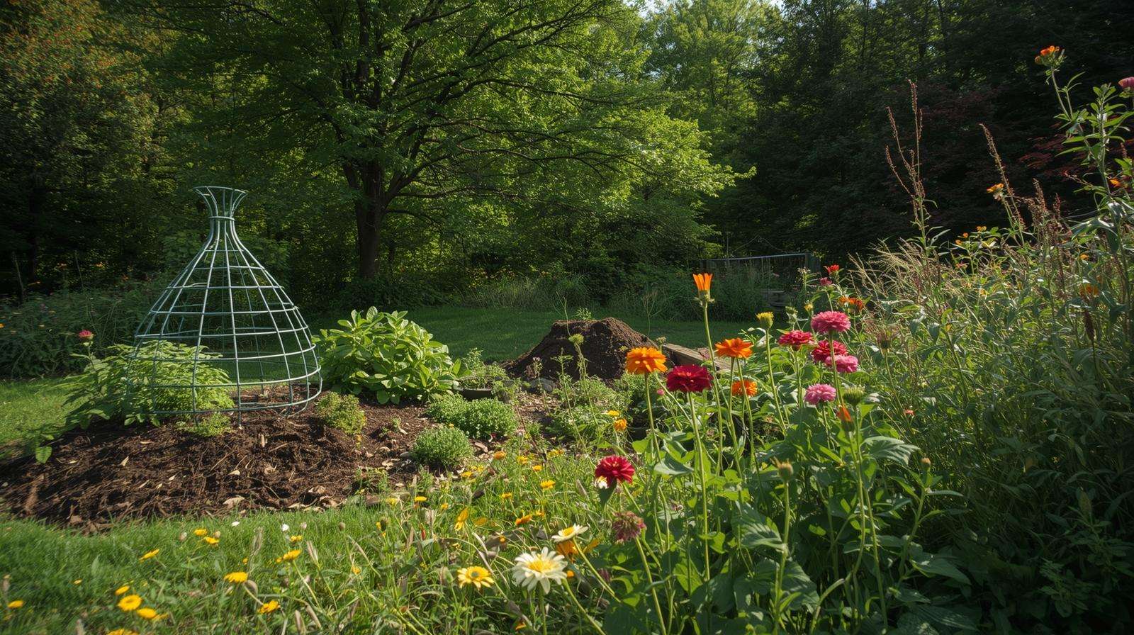 Comparison of permaculture and horticultural gardens with wooden path.