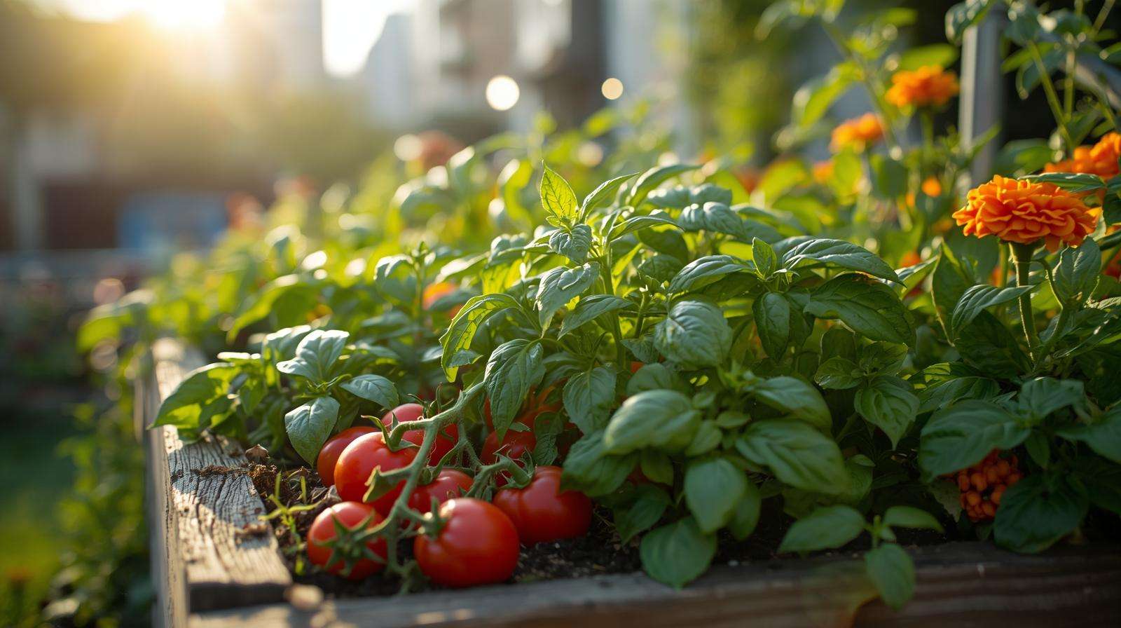 Carrots, onions, chives, and lettuce companion planting with nasturtiums in a permaculture garden.