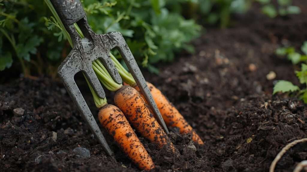 Garden fork harvesting carrots from fertile soil in a permaculture garden.