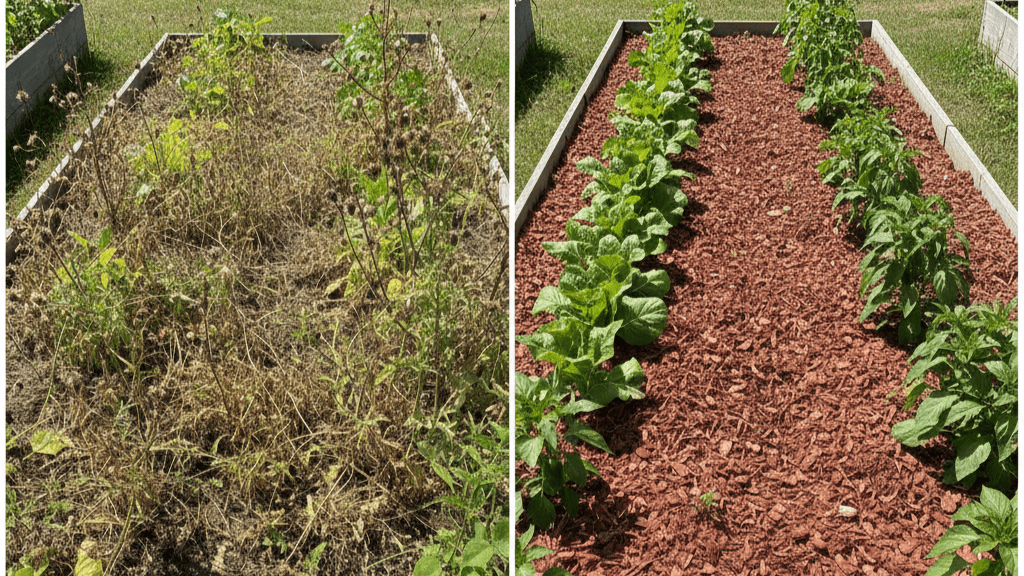 Before and after hemlock mulch application for natural weed suppression in organic farming.