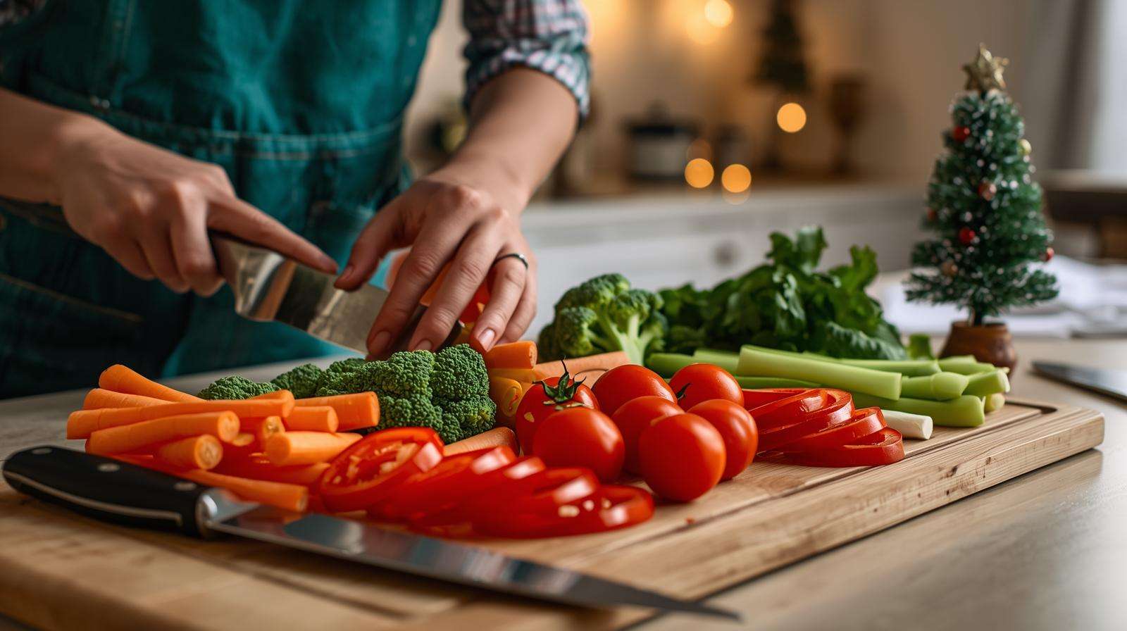 Preparing homegrown carrots, broccoli, and tomatoes for a festive Christmas vegetable tray in a cozy kitchen.