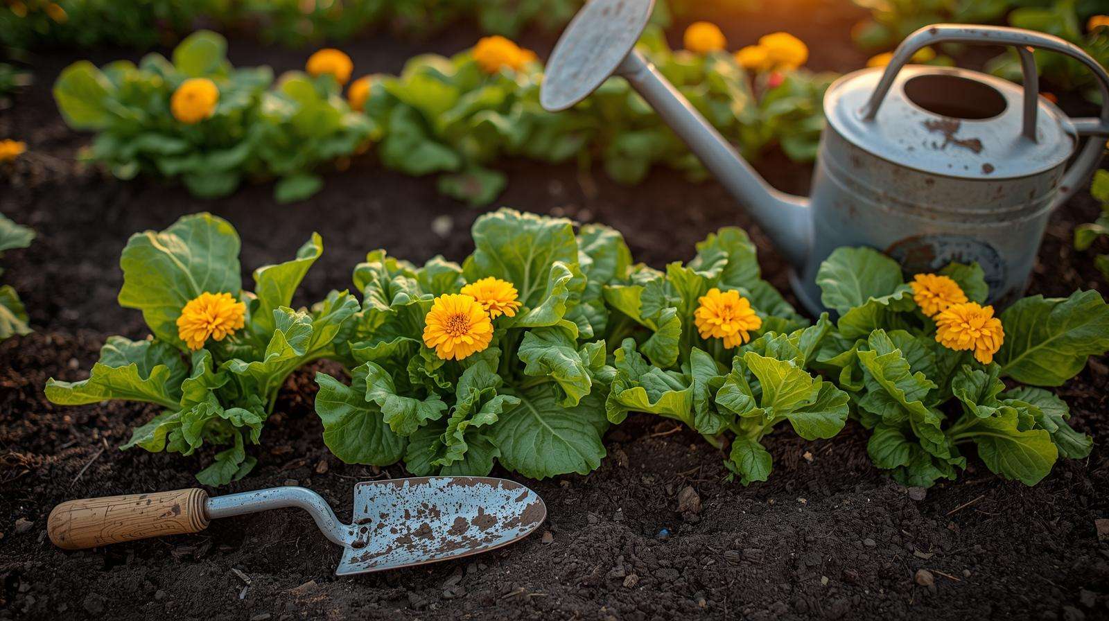 Companion planting with radishes, lettuce, and marigolds to boost quick growing vegetables in a garden bed.