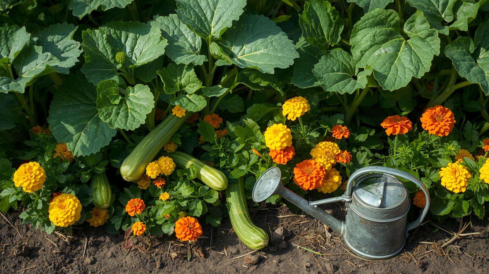 Courgette plants with nasturtiums and marigolds, demonstrating companion planting for what are courgettes vegetables.