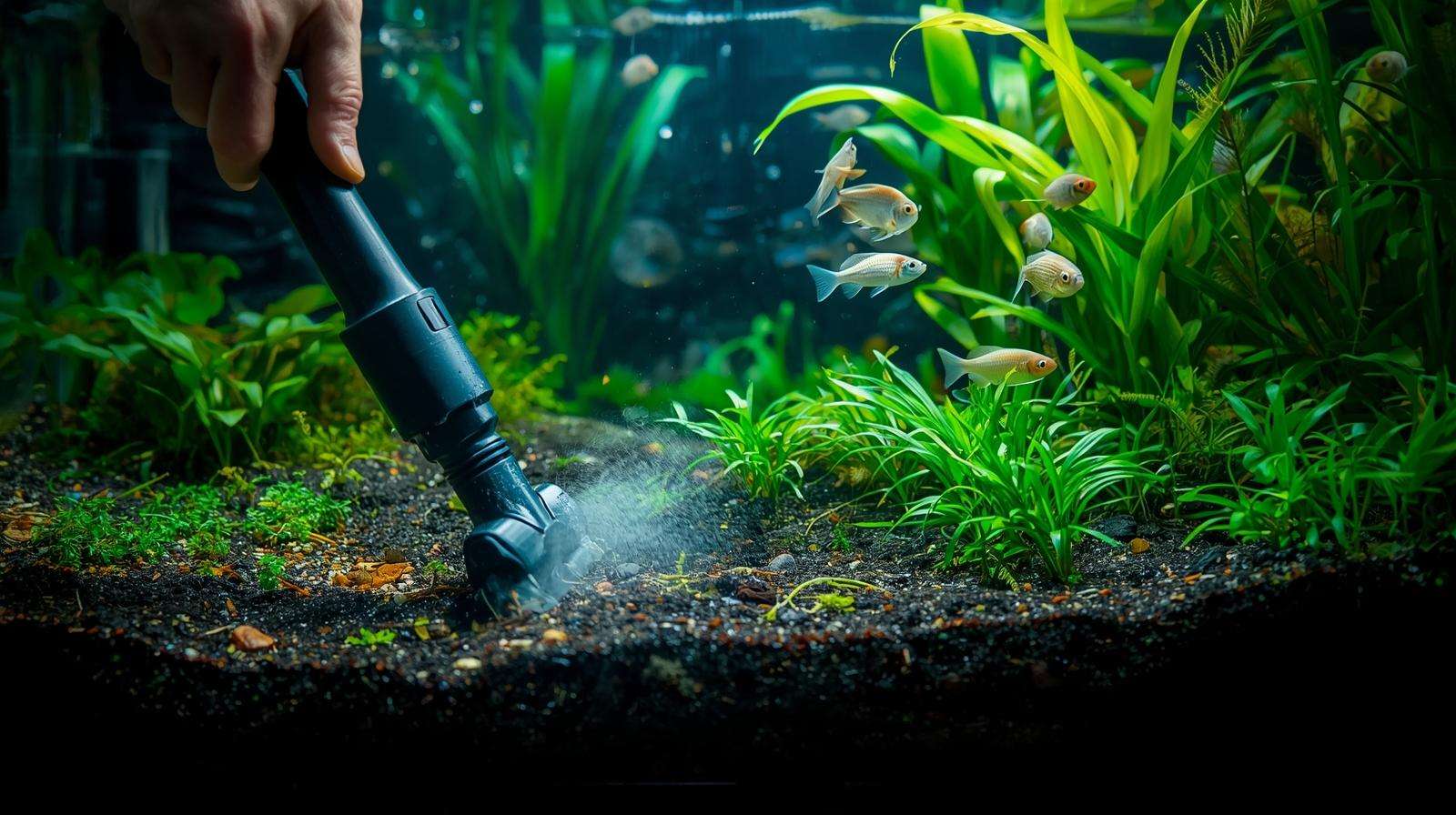 Aquarist maintaining aquatic soil for fish tanks with a vacuum for a healthy aquarium.