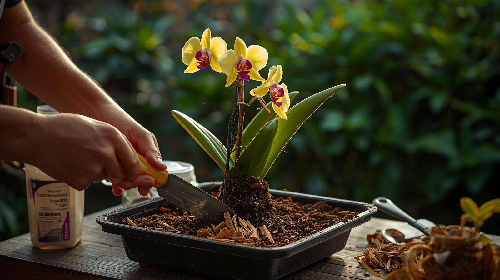 Refreshing orchid soils for a blooming Cattleya orchid during maintenance.