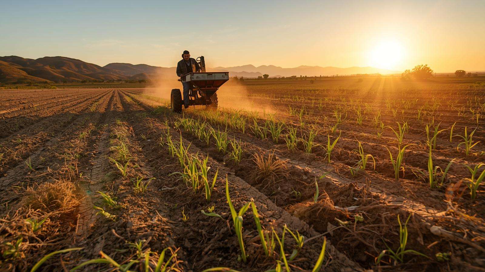 Farmer applying biochar soil enhancer to an arid field for crop growth.
