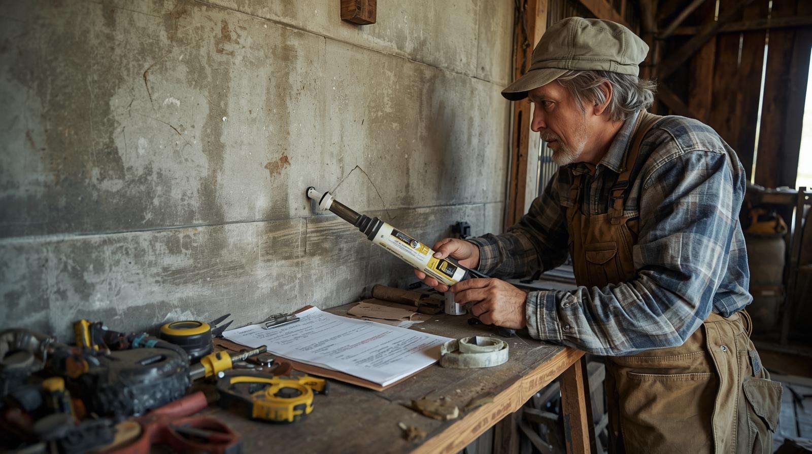 Farmer sealing a barn wall crack to prevent roach entry naturally.