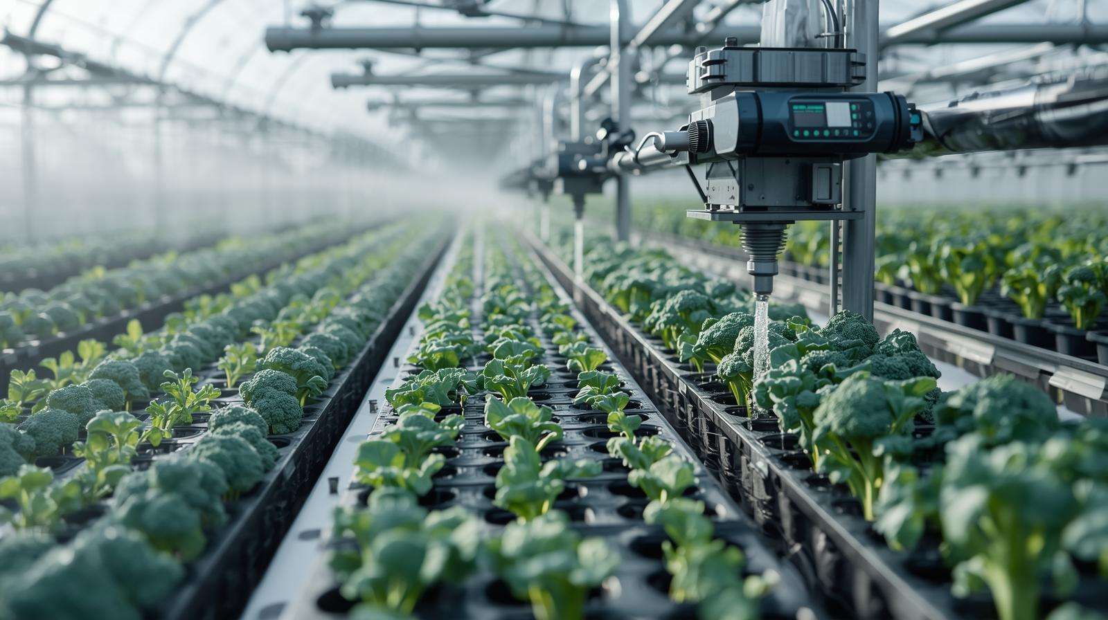 Modern farm setup with trays for vegetables holding broccoli seedlings in a bottom-watering irrigation system, featuring automated technology in a greenhouse, showcasing efficient farming practices.