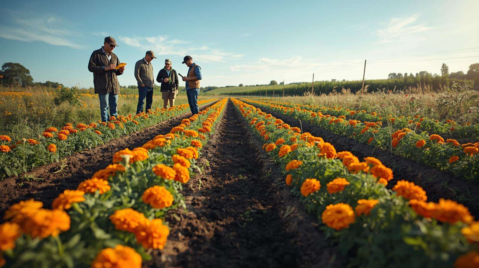 Farmer training staff on pest scouting in a tomato field with marigolds and compost-enriched soil, showcasing prime pest control for long-term farm success with a lush farm background.