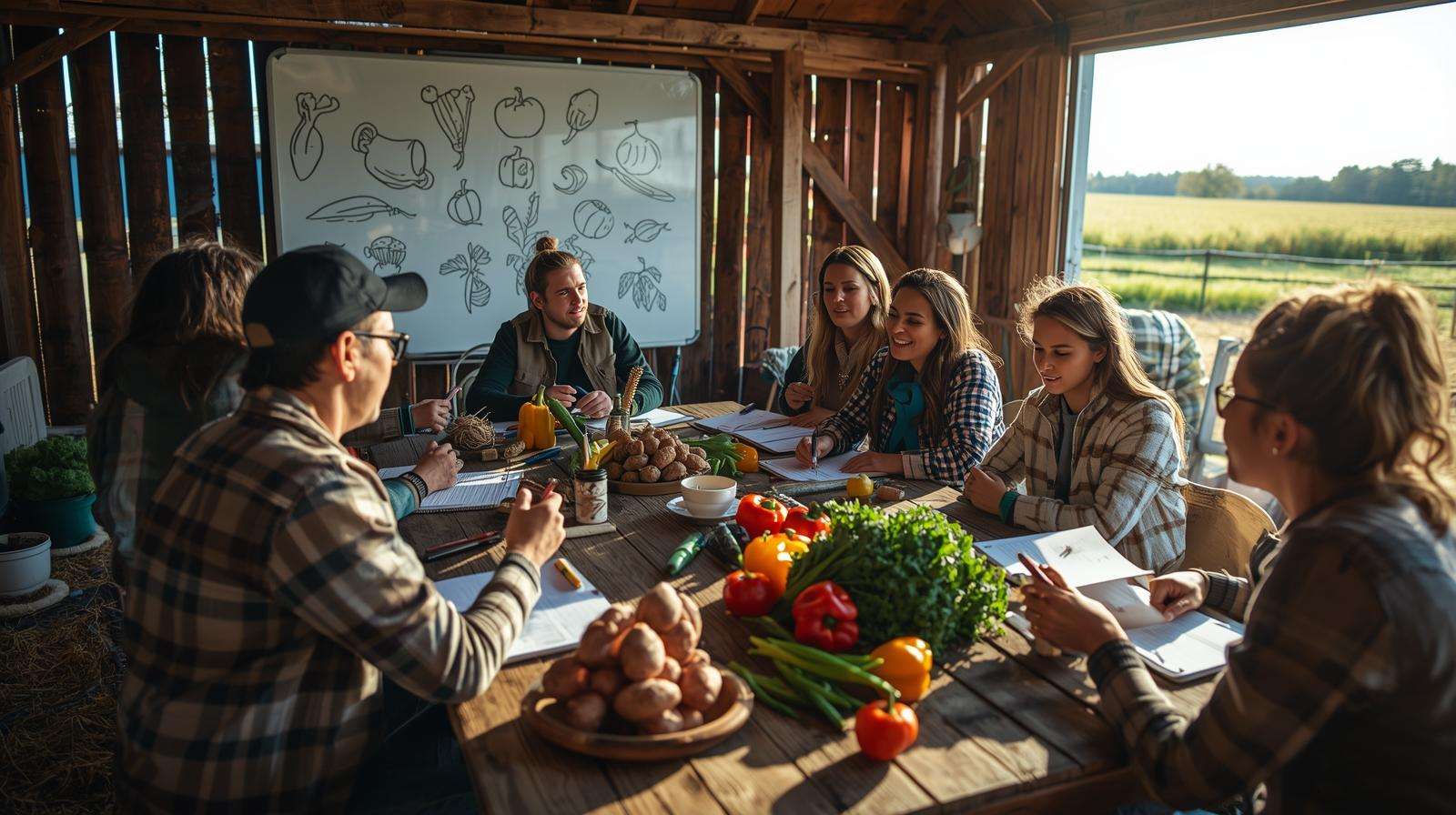 Farmers brainstorming in a barn workshop with potatoes and kale, crafting vegetable puns in a cozy, sunlit setting with a farm field view.