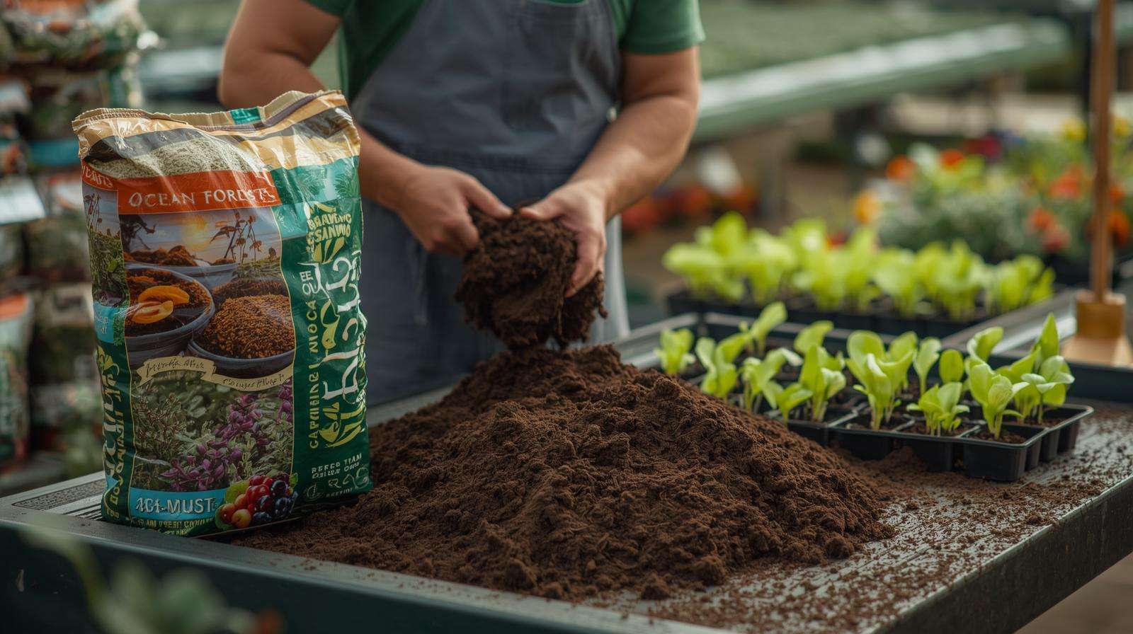 Patio with pots of herbs and tomatoes in rich soil with a gardener applying inoculants, showcasing a good soil community in a vibrant container garden.