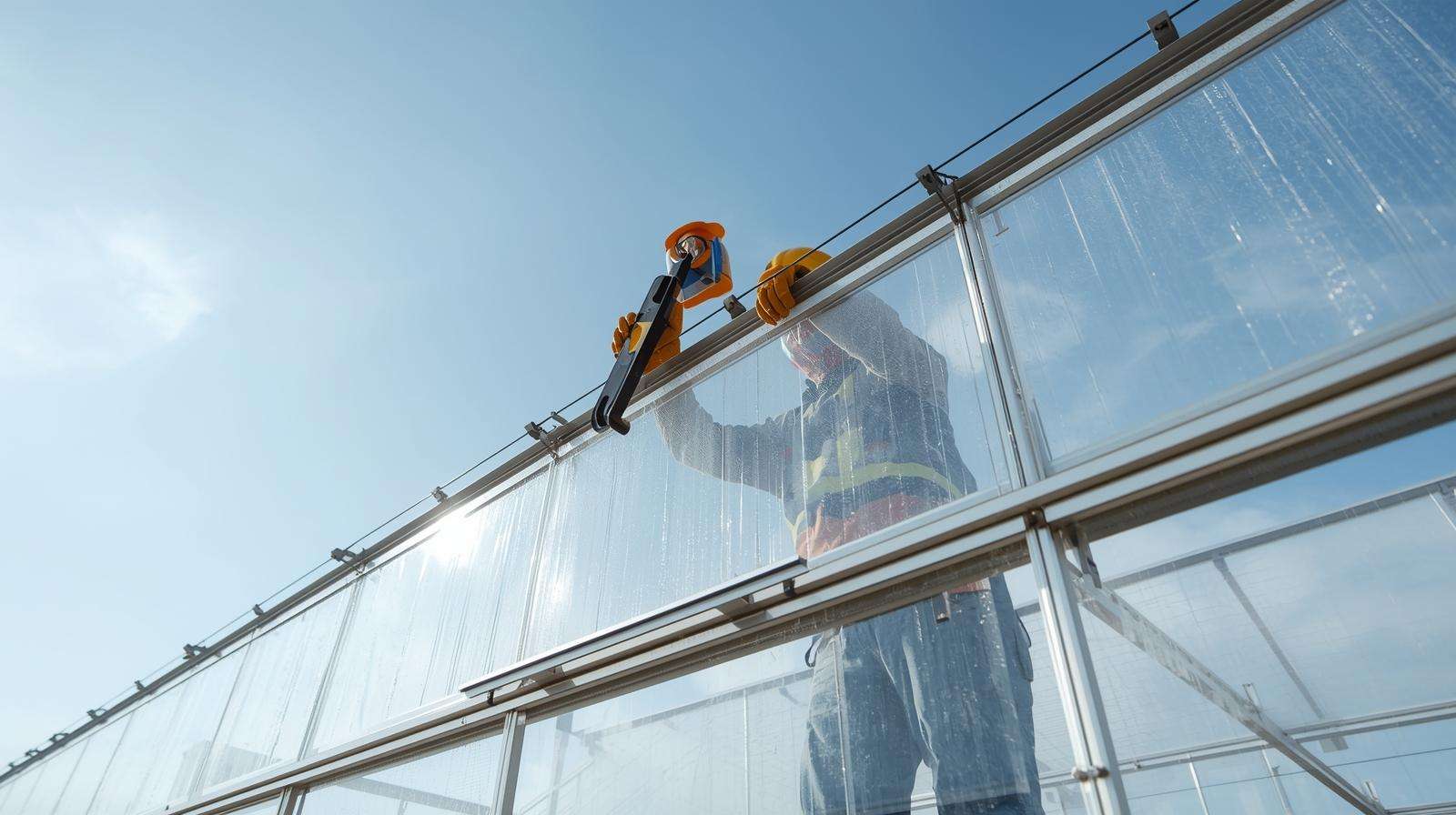 Worker installing greenhouse sheeting polycarbonate panels on a greenhouse frame, showing easy setup with H-channel connectors.