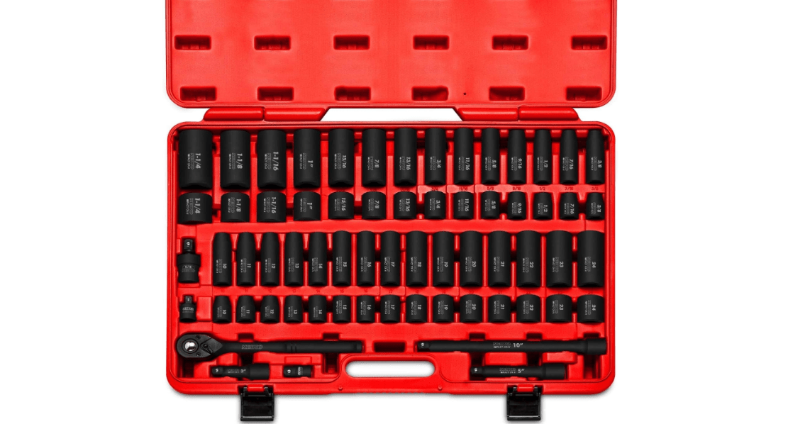 NEIKO 02448A 1/2" Drive Master Impact Socket Set, 65 Piece, Standard SAE (3/8"-1-1/4") & Metric (10-24 mm) Sizes, Deep & Shallow Kit, Includes Adapters & Ratchet Handle
