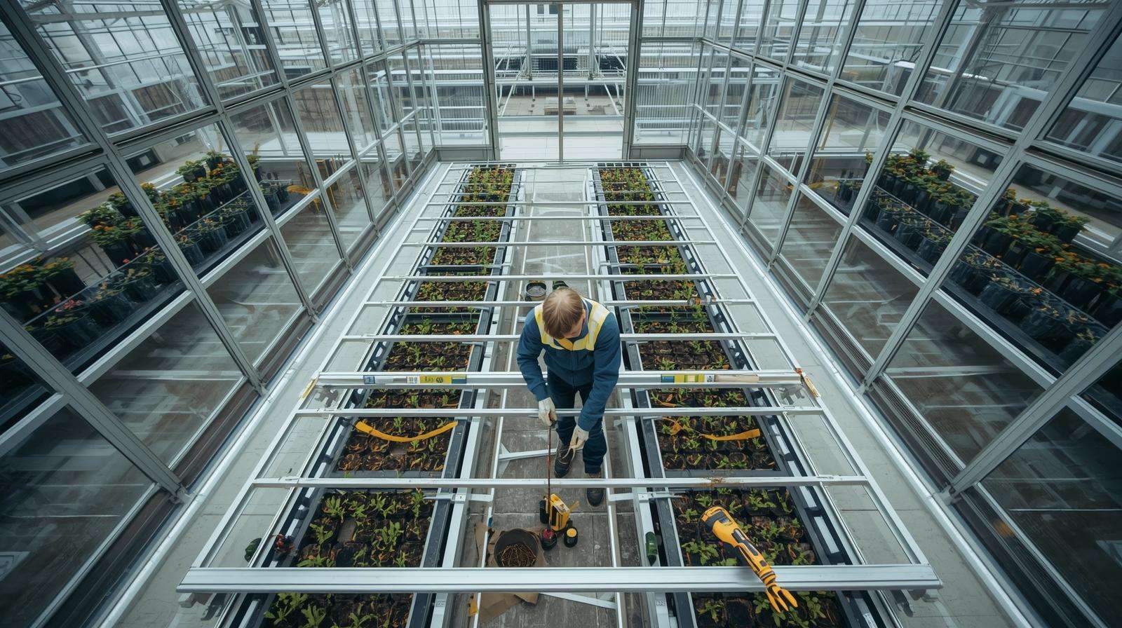 Worker installing aluminum greenhouse benches in a modern greenhouse, using tools for a secure setup.