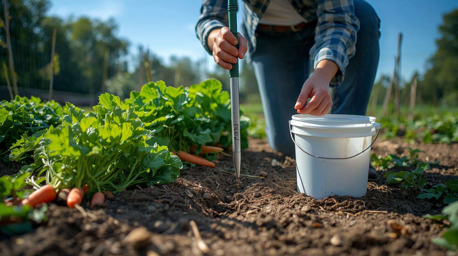 Gardener using a soil sample probe to collect soil from a carrot bed, demonstrating effective soil sampling in a vibrant garden.