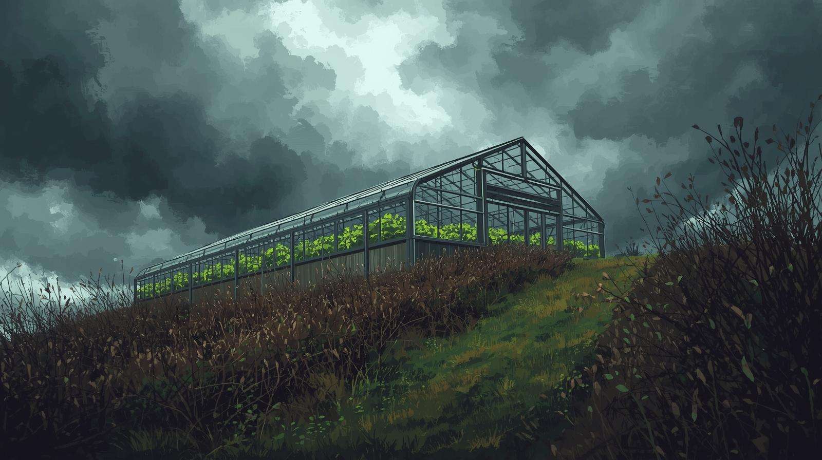 Storm-proof hilltop greenhouse with reinforced framing and shrub windbreak under a stormy sky, protecting thriving crops.