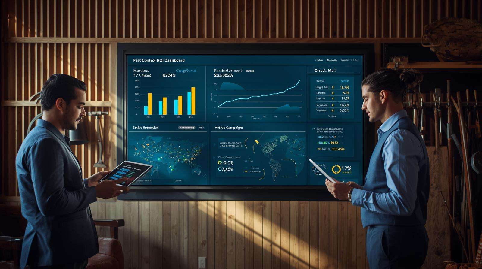 Farmers reviewing pest control advertising ROI dashboard with Google Ads, direct mail, and lead growth analytics in a barn office.