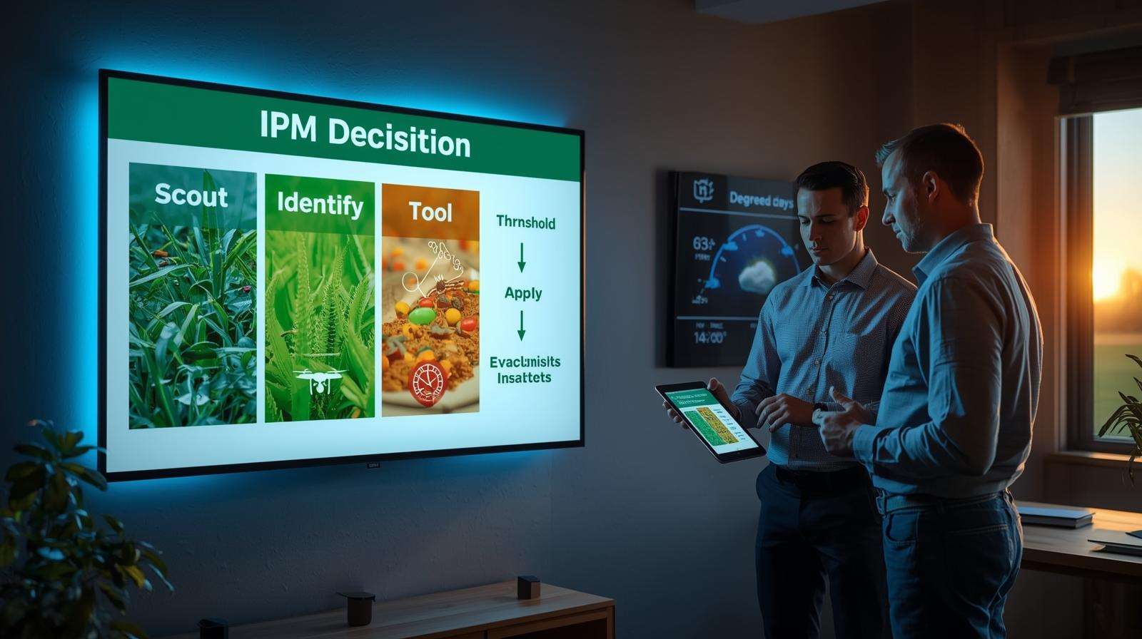Farmers reviewing IPM flowchart and field map on tablet with weather data, using best tools for pest management for smart decisions.