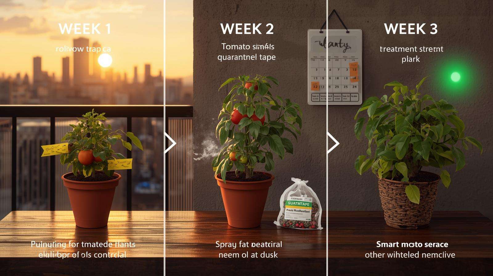 Three-stage balcony tomato treatment showing quarantine, neem spray, and healthy recovery, following apartment pest control 3-week plan.