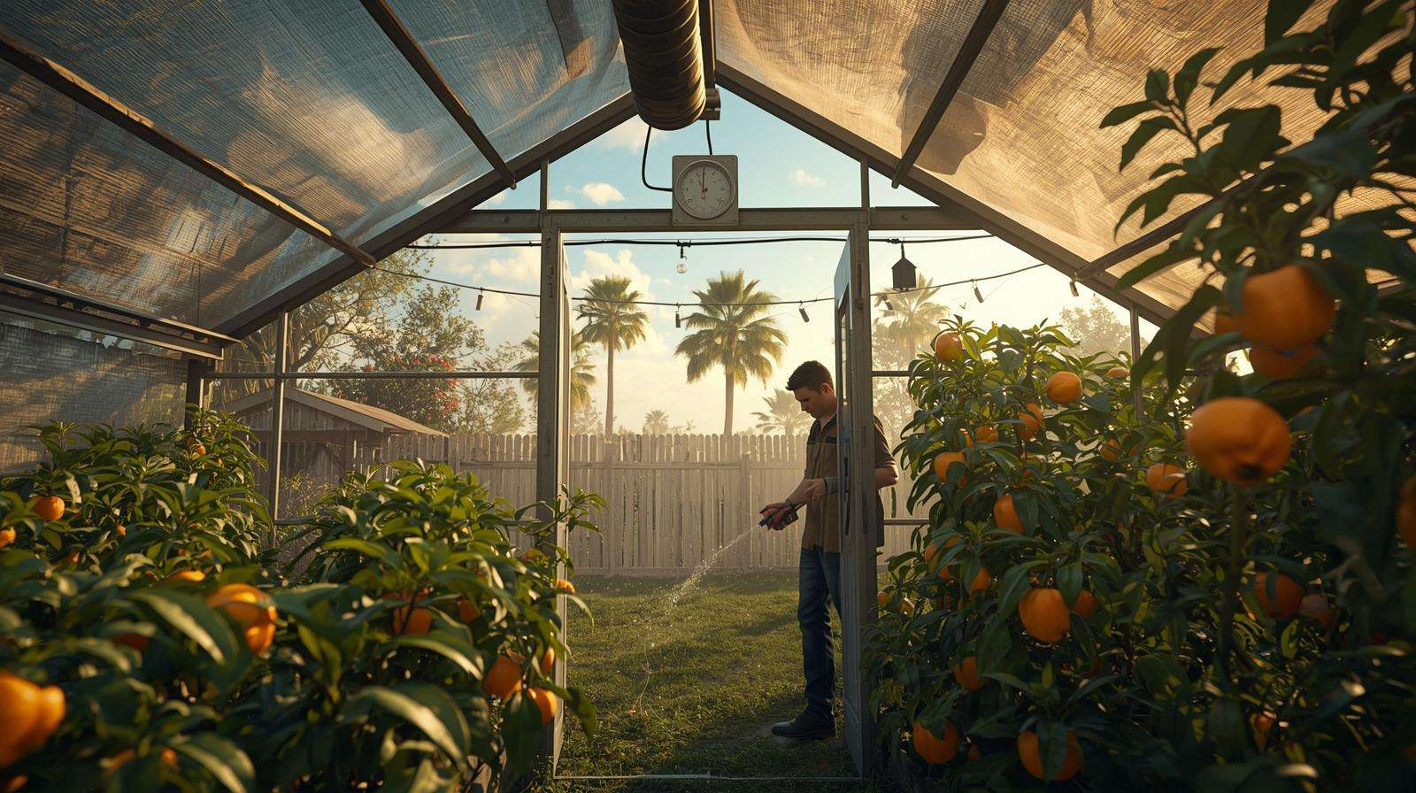 Greenhouse interior in Florida with cooling pads and misting system, optimizing plants like peppers and citrus.