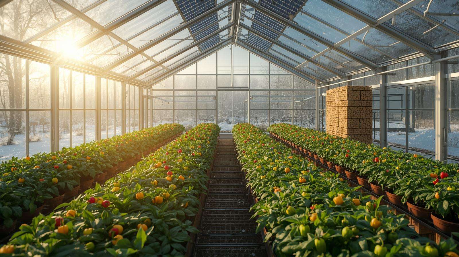 Biomass furnace and solar panels in a greenhouse, heating peppers and herbs sustainably during winter.