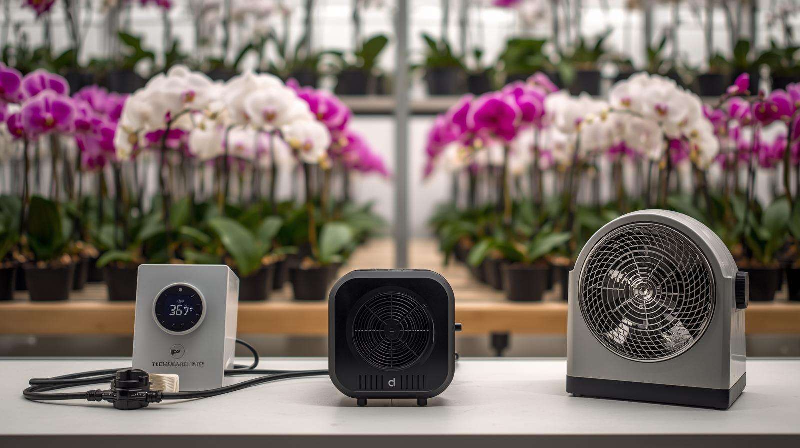 Temperature control setup with thermostat and heater in an orchid greenhouse.