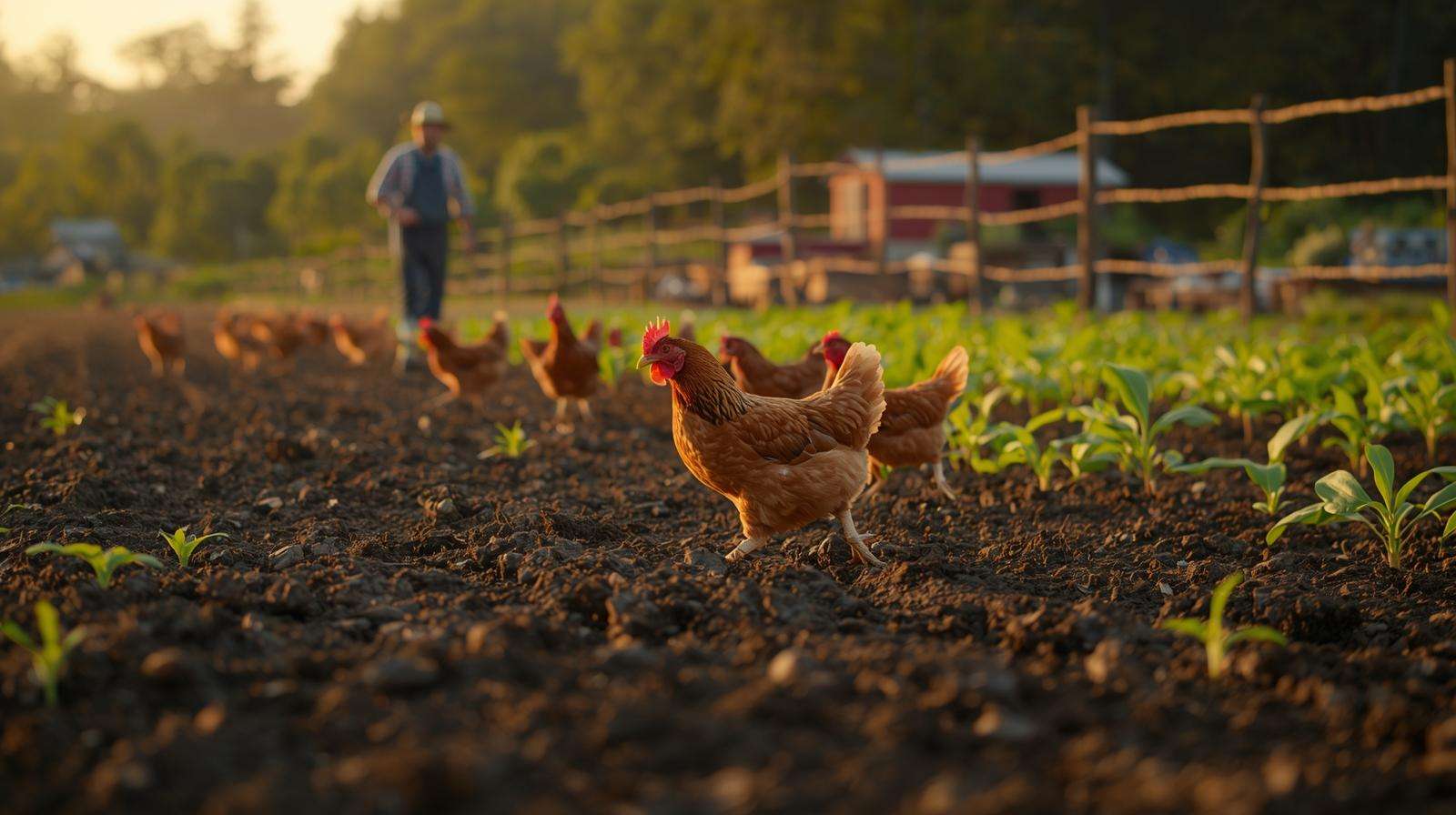 Farmer managing chickens in a rotational grazing permaculture system