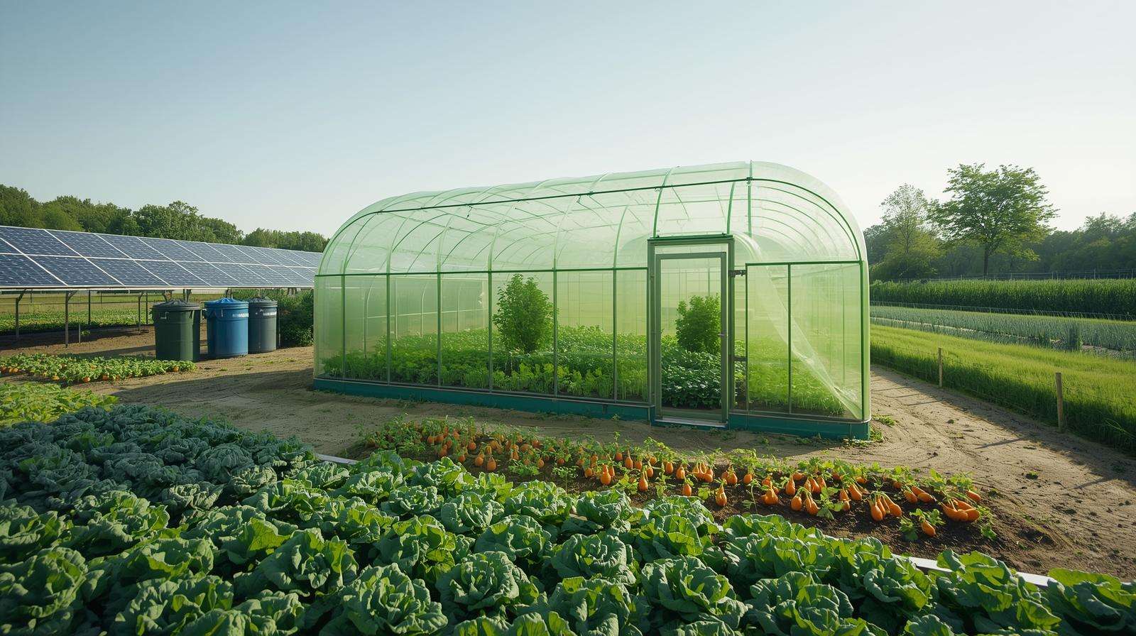 Eco-friendly greenhouse with biodegradable green film surrounded by organic crops and solar panels.