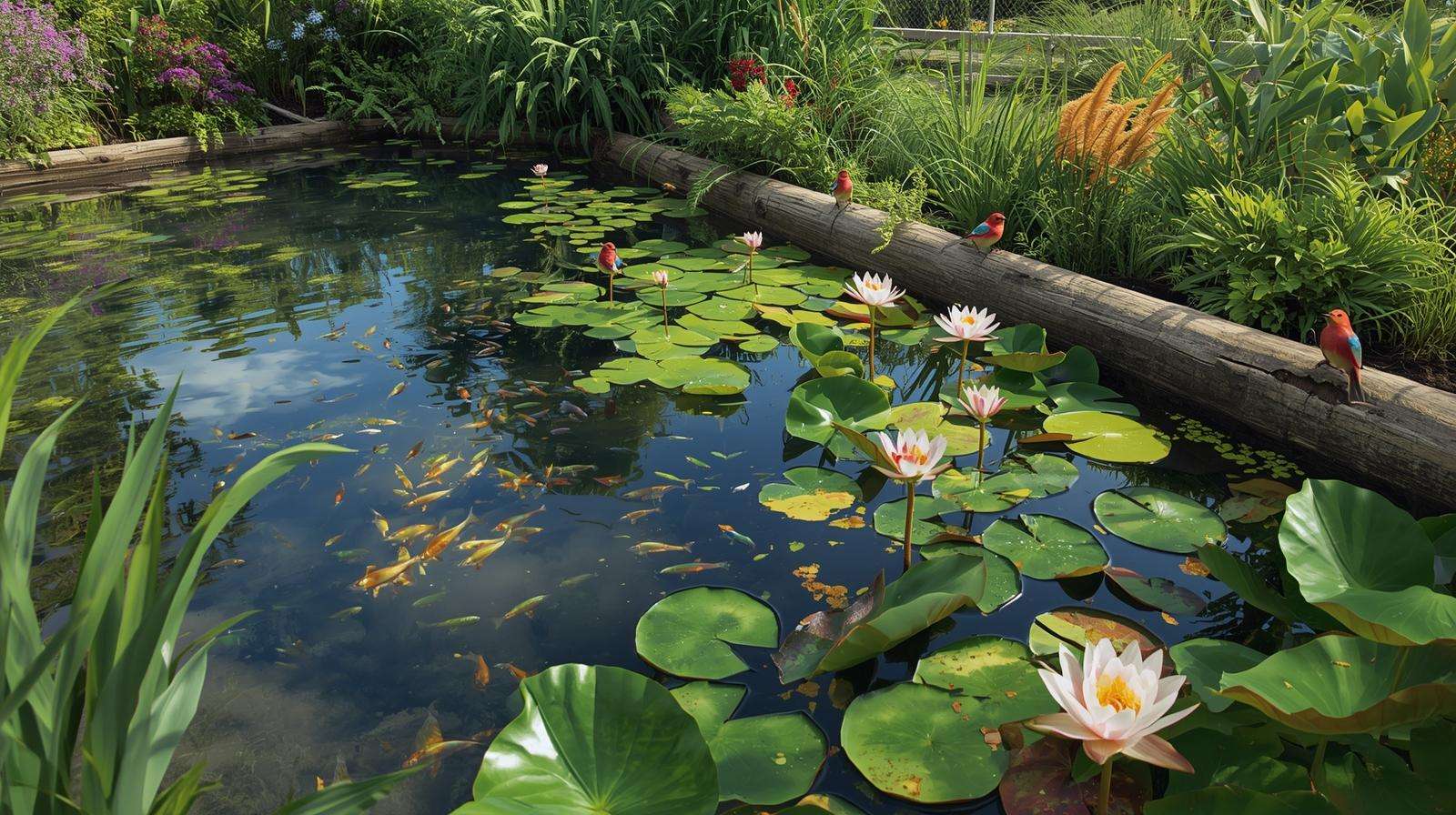Thriving permaculture pond with fish, water lilies, birds, and native plants