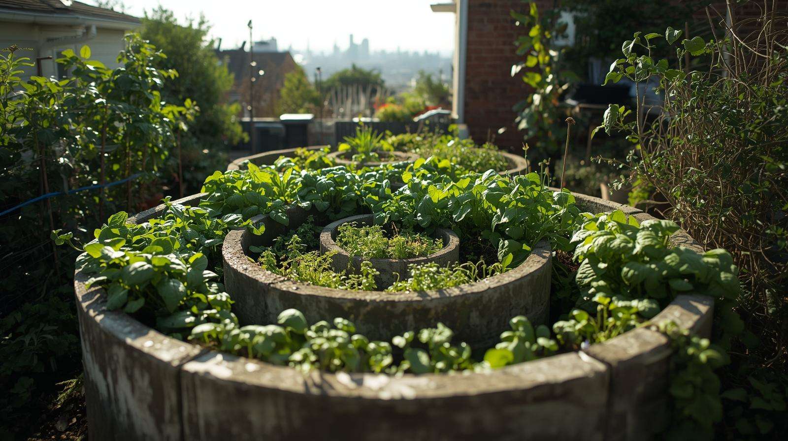 Urban permaculture spiral garden with recycled concrete and thriving plants.