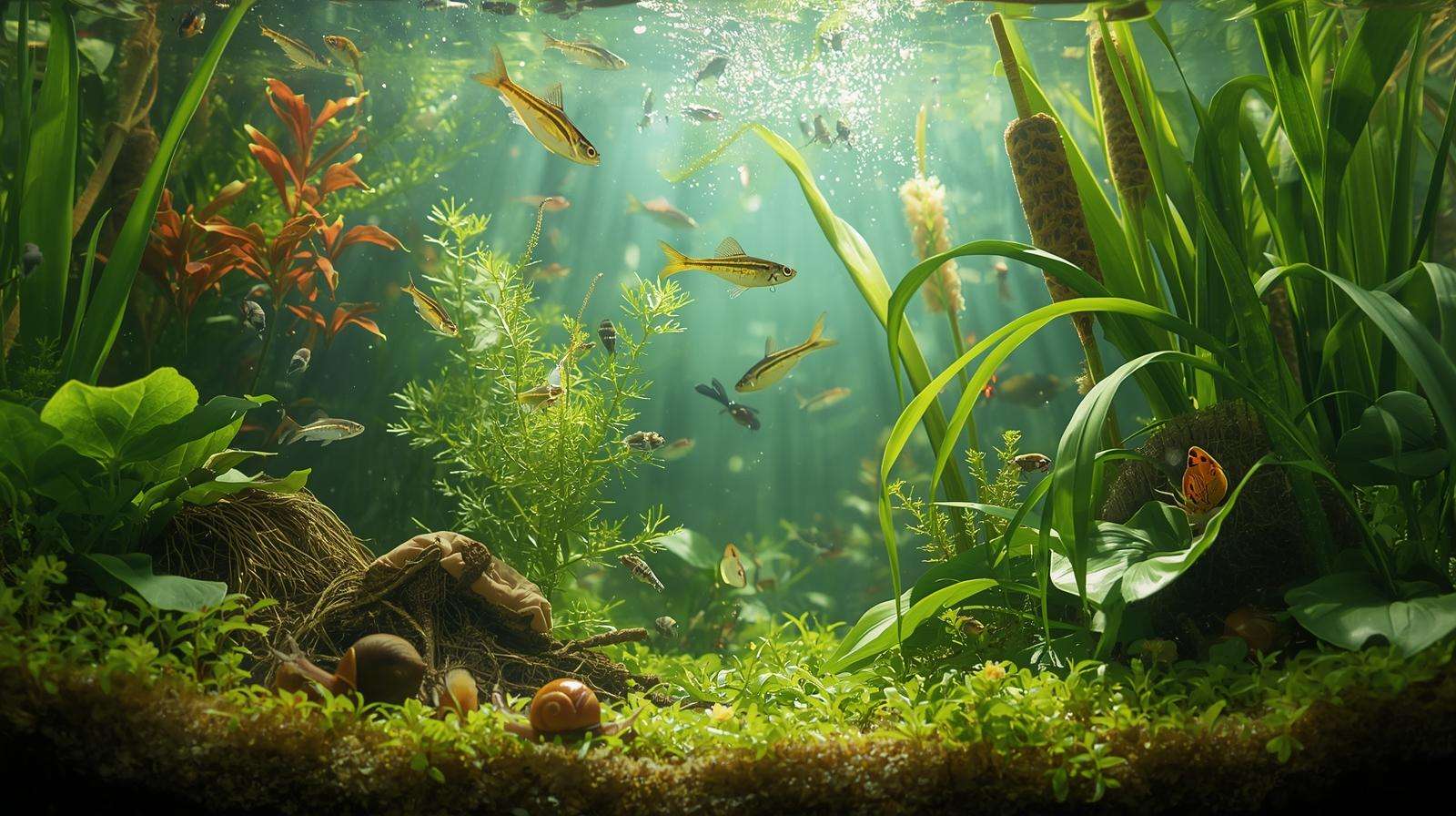 Living biodiversity in ecological tank with fish, plants, insects, and frogs for natural permaculture filtration