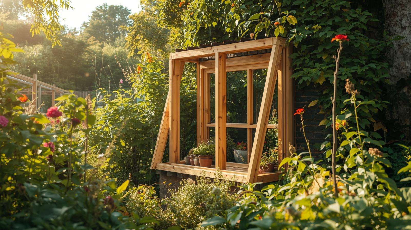 installation of an ecological window in a permaculture garden with recycled glass.