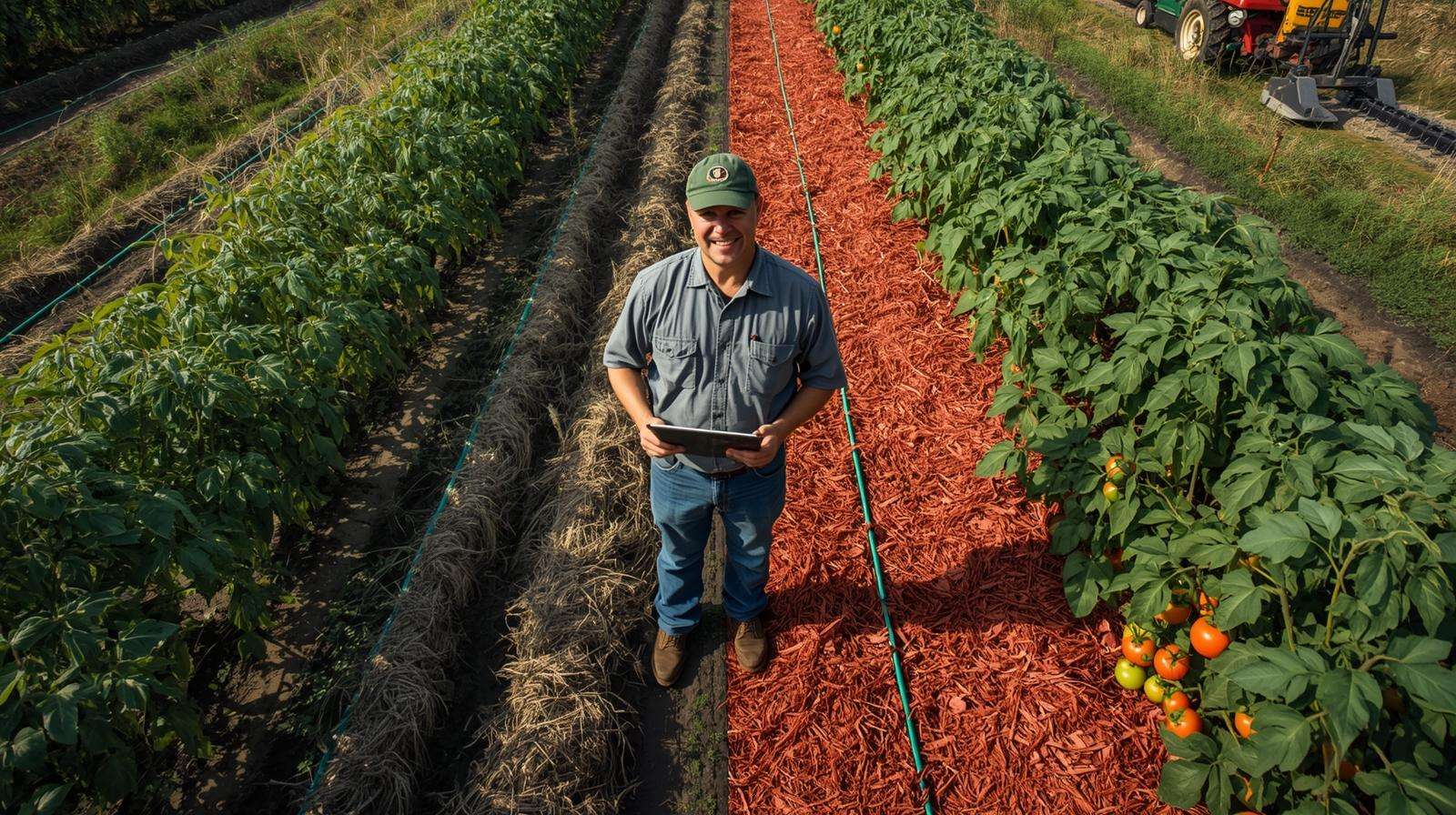 Split tomato row showing weedy bare soil vs. clean, high-yield plants under rye mulch, proving mulch and mow boosts vegetable yields.