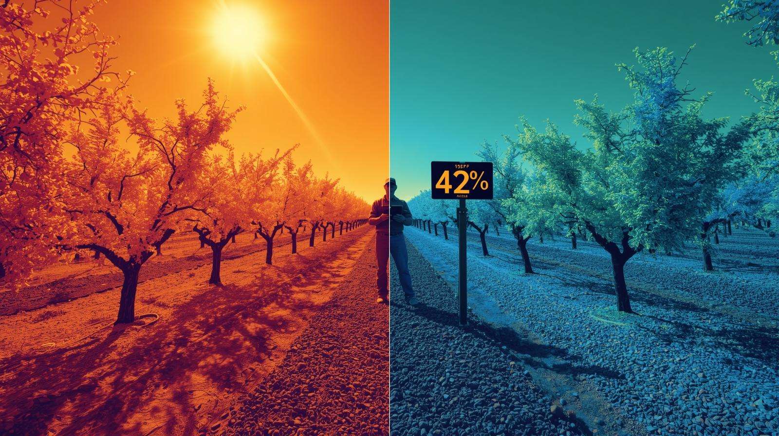 Thermal view of almond orchard showing hot bare soil vs. cool, thriving trees under lava stone mulch, with NASA data proving stone mulch saves water.