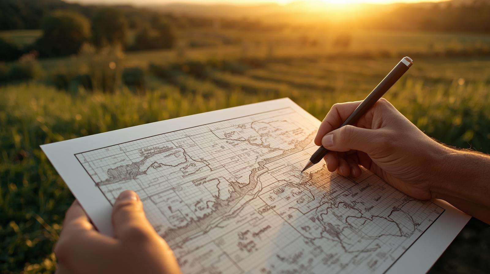 Diagram of a farmer sketching a permaculture base map with slopes and water sources