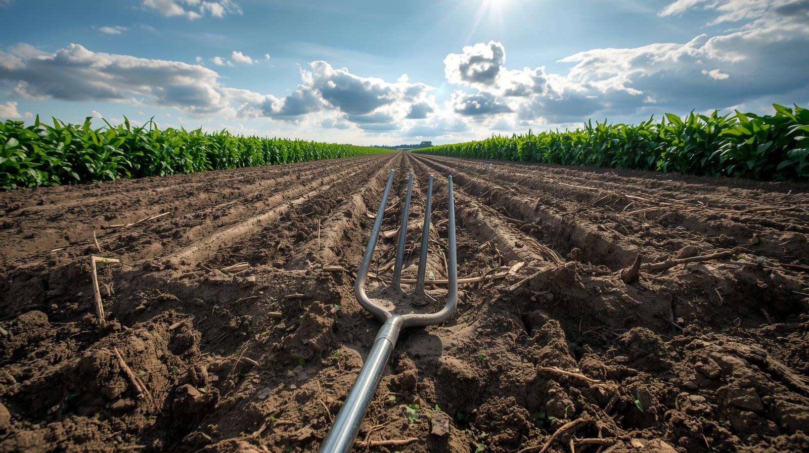 No-till farm field with broadfork tool and growing crops for sustainable soil management