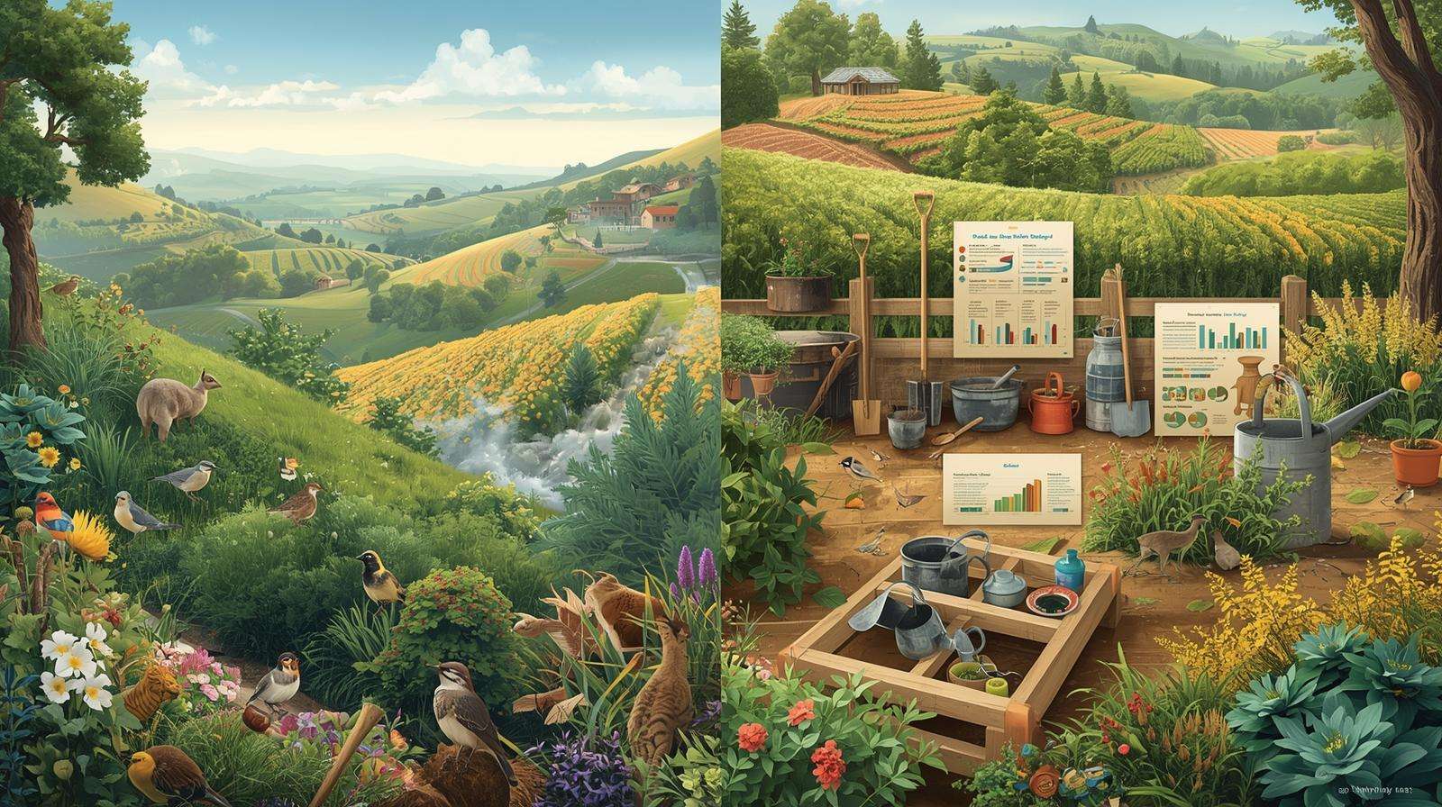 Futuristic permaculture landscape with drought-resistant polycultures and solar panels