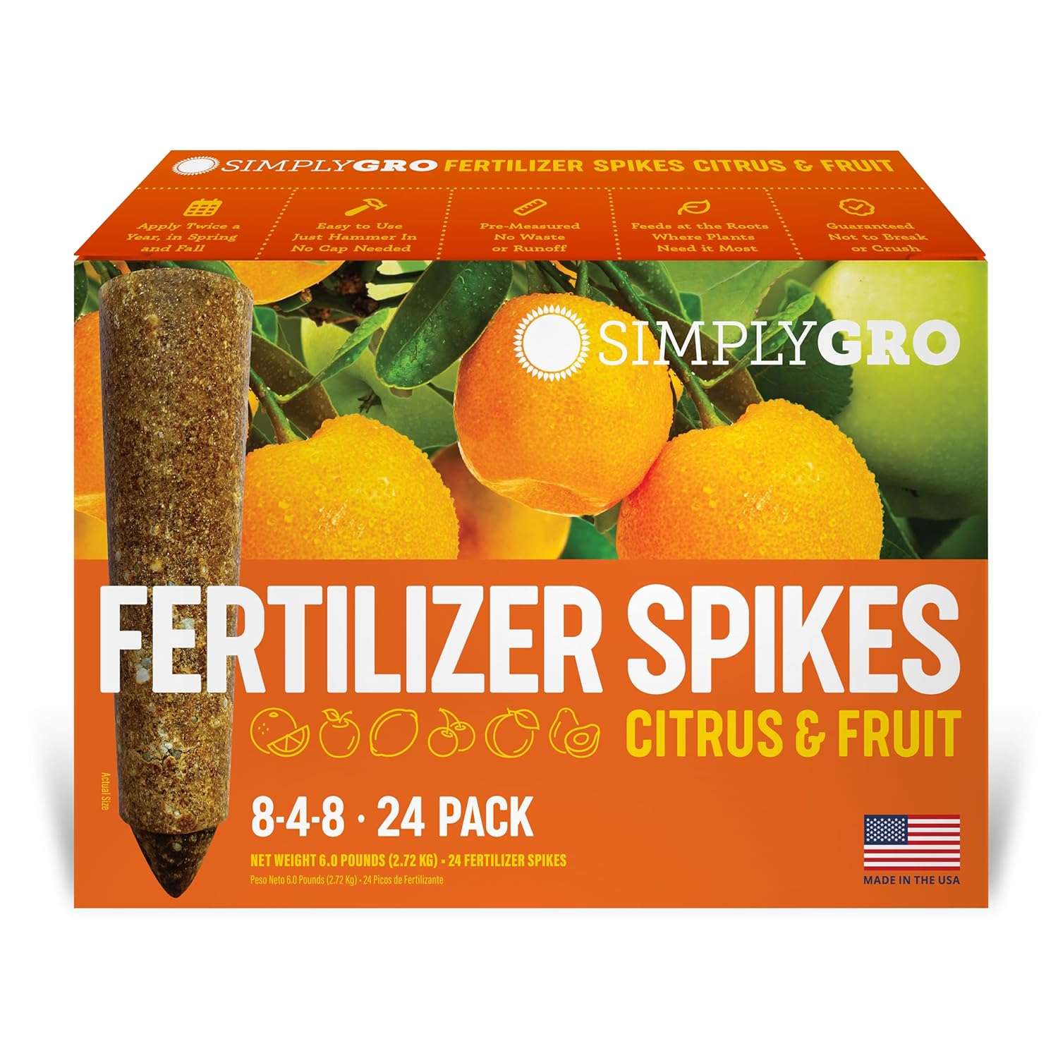 SimplyGro Fertilizer Spikes for Citrus & Fruit Trees & Shrubs (24 Spikes - 6.0 Lbs) 