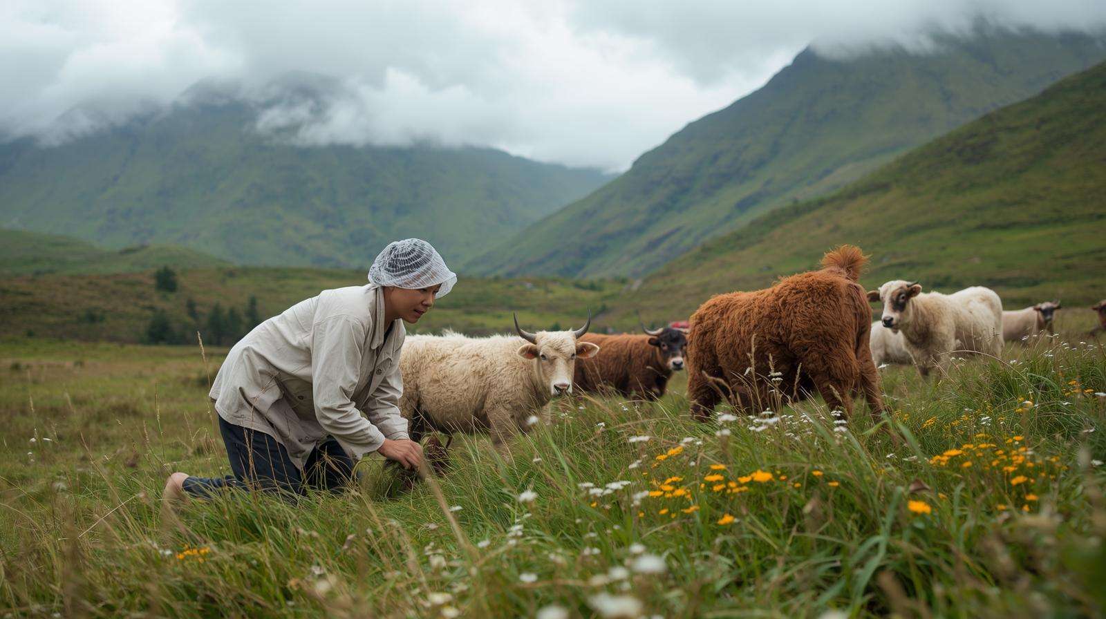 Farmer in midge-proof net and clothing near livestock in Highland pasture.