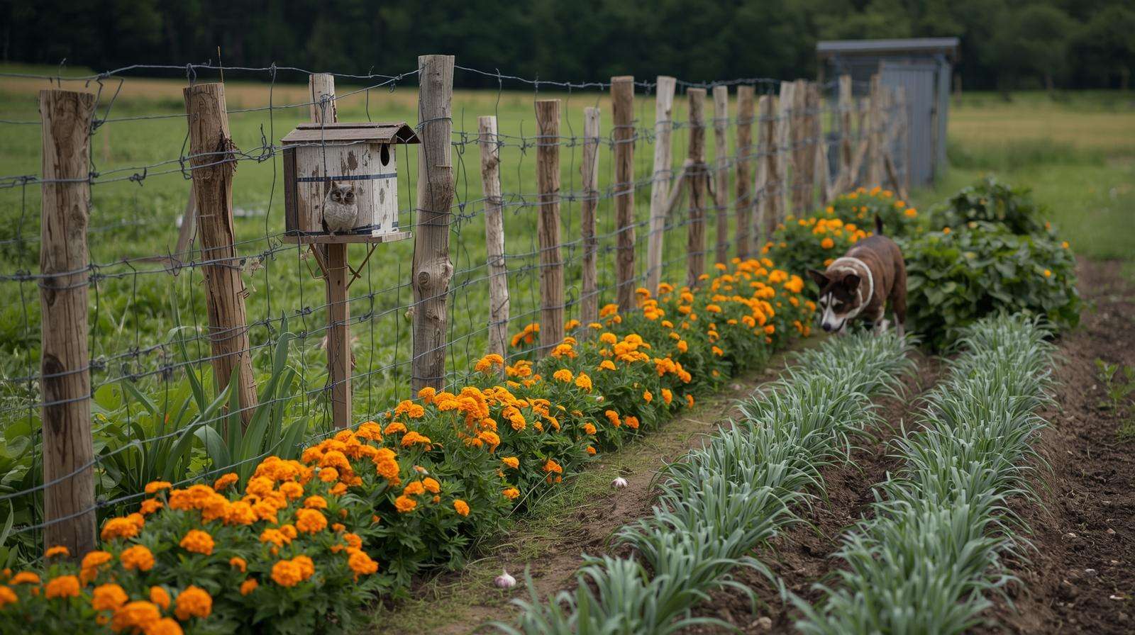 Farm garden with marigolds, garlic, owl nesting box, and guard dog patrolling crops.