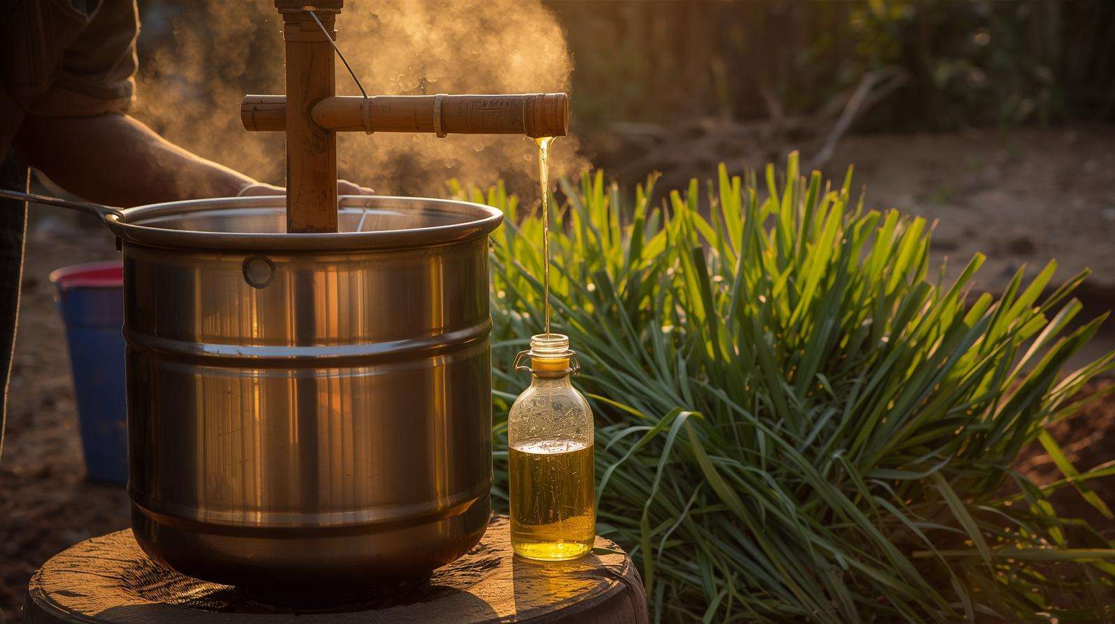 Farmer steam-distilling lemongrass essential oil on small-scale farm setup for mosquito repellent