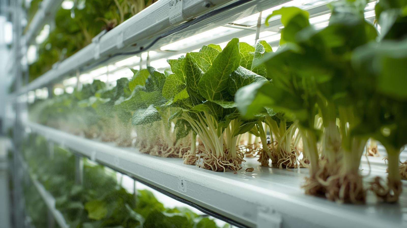 Aeroponic system with buttercrunch lettuce and misting nozzles in vertical farm