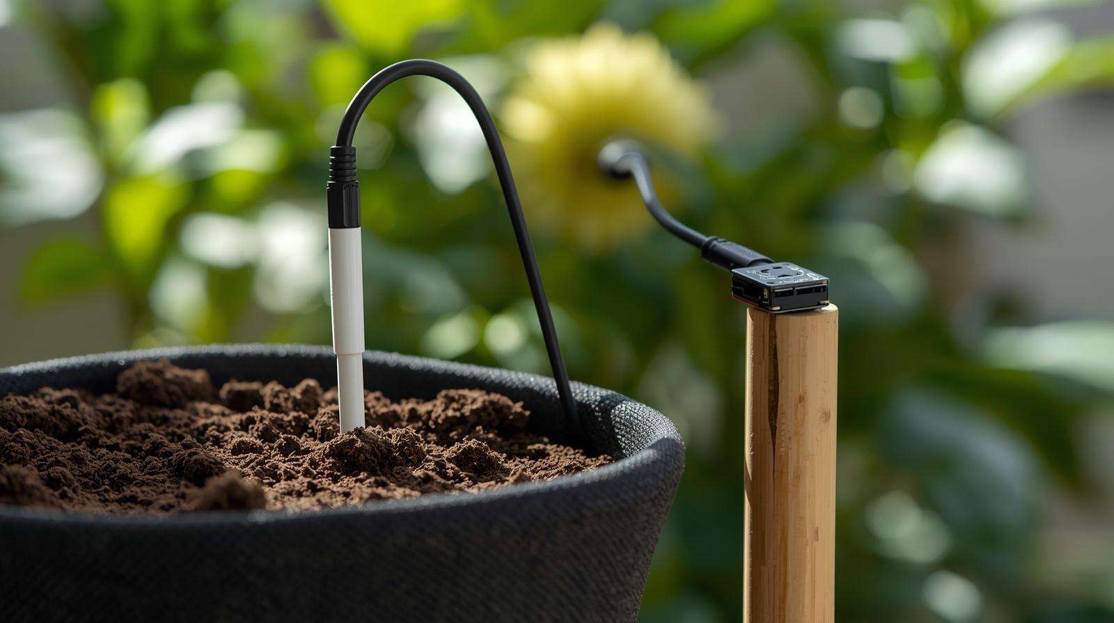 Soil moisture and light sensor with Raspberry Pi in fabric pot for vertical dahlia monitoring.