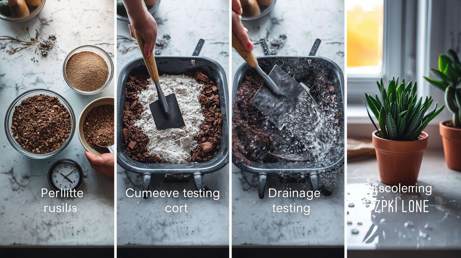 Four-stage kitchen counter showing raw ingredients, mixing, drainage test, and planted echeveria in succulent cacti soil prep process.
