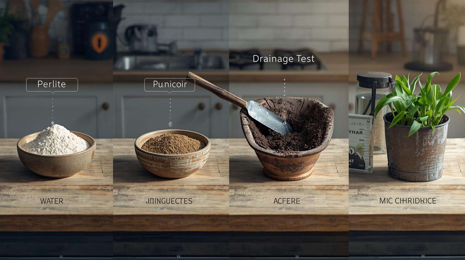 Four-stage kitchen counter showing raw ingredients, mixing, drainage test, and ZZ plant in ZZ plant soil prep process.