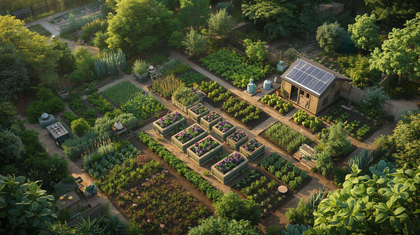 Permaculture farm with zoned layout and rainwater harvesting system